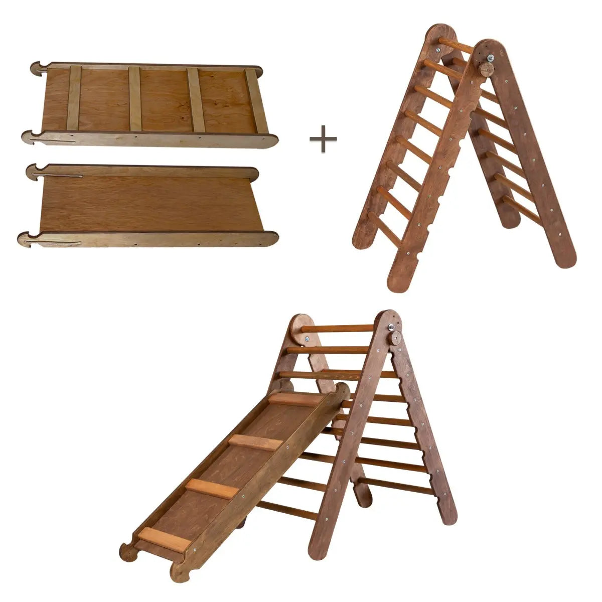 2in1 Montessori Climbing Frame Set: Triangle Ladder + Slide Board/Ramp – Chocolate - Goodevas