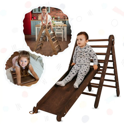 2in1 Montessori Climbing Frame Set: Triangle Ladder + Slide Board/Ramp – Chocolate - Goodevas