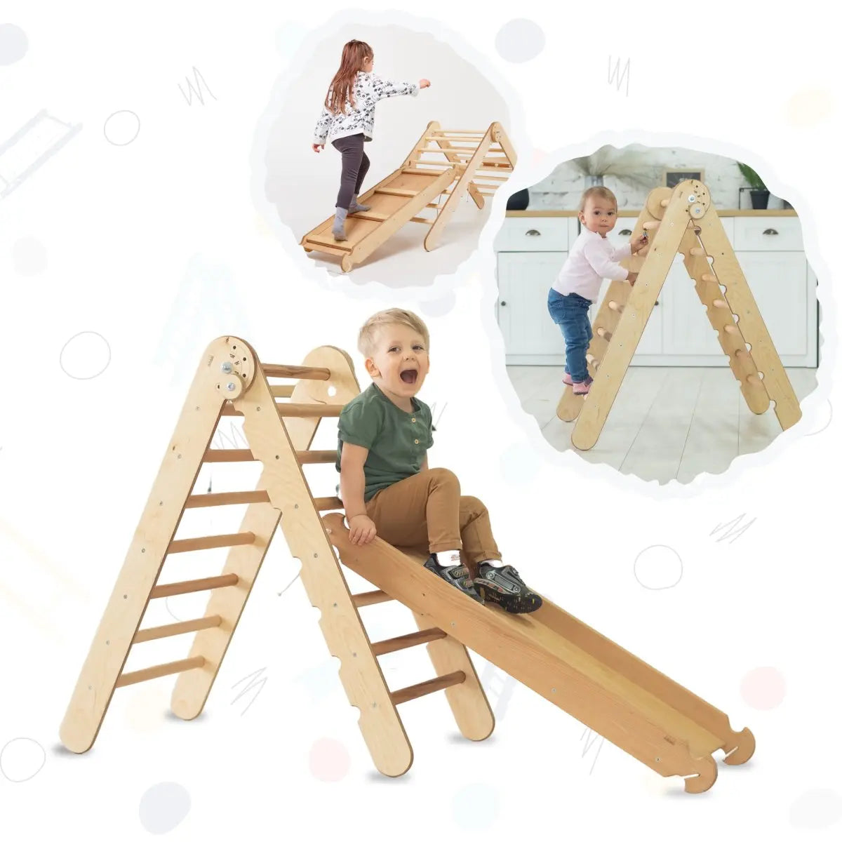 2in1 Montessori Climbing Set: Triangle Ladder + Slide Board/Ramp – Beige - Goodevas