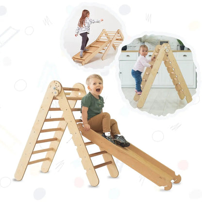 2in1 Montessori Climbing Set: Triangle Ladder + Slide Board/Ramp – Beige - Goodevas