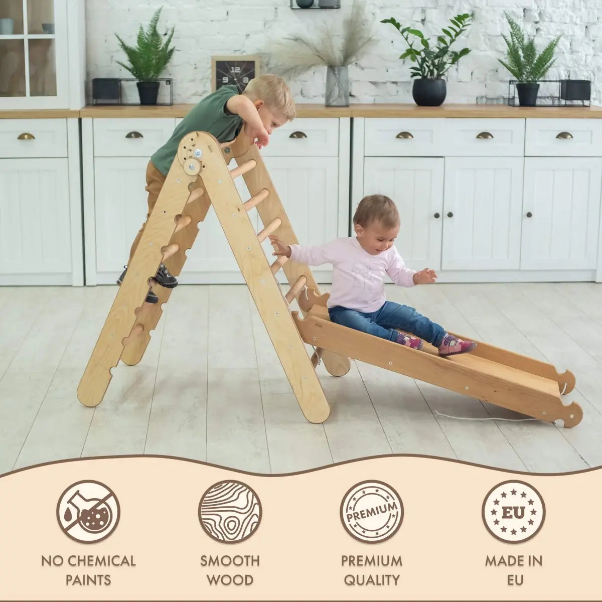 2in1 Montessori Climbing Set: Triangle Ladder + Slide Board/Ramp – Beige - Goodevas