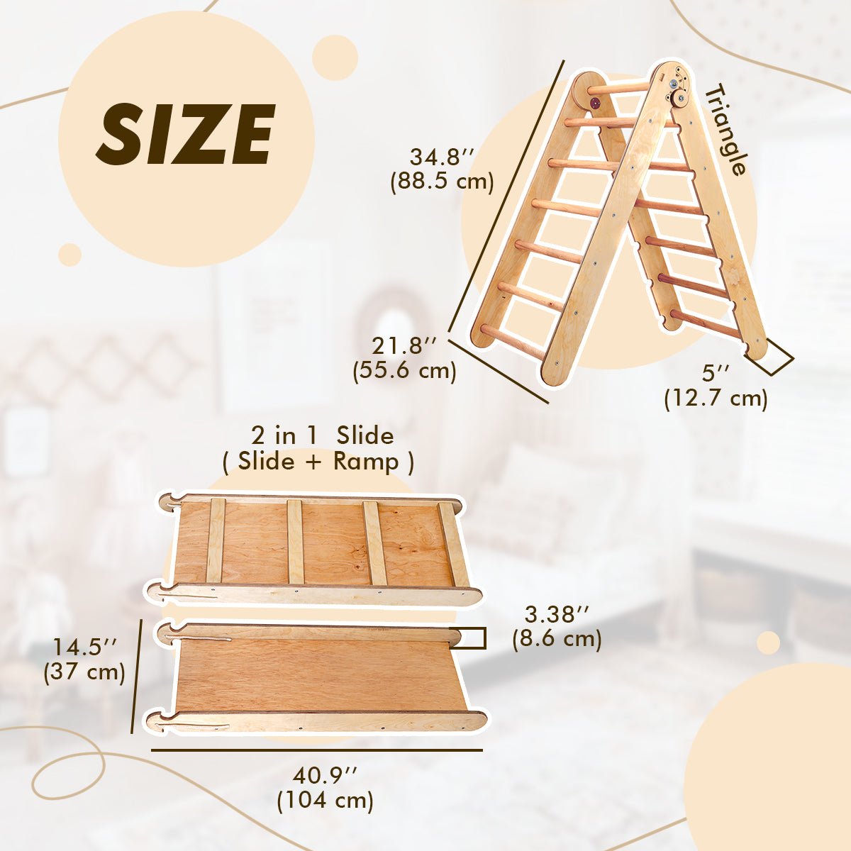 2in1 Montessori Climbing Set: Triangle Ladder + Slide Board/Ramp – Beige - Goodevas