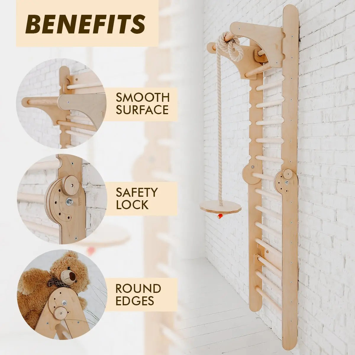 2in1 Wooden Swedish Wall / Climbing ladder for Children + Swing Set - Goodevas