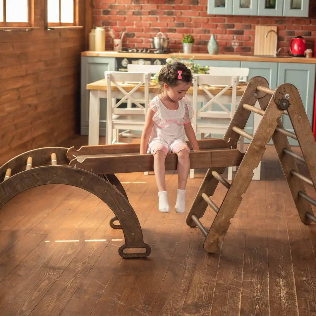 3in1 Montessori Climbing Set: Triangle Ladder + Arch/Rocker Balance + Slide Board – Chocolate - Goodevas