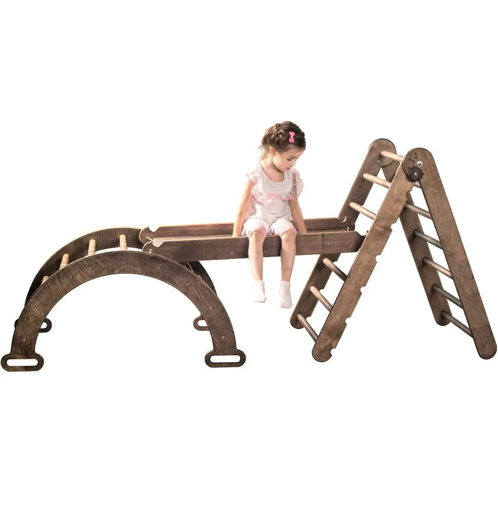 3in1 Montessori Climbing Set: Triangle Ladder + Arch/Rocker Balance + Slide Board – Chocolate - Goodevas