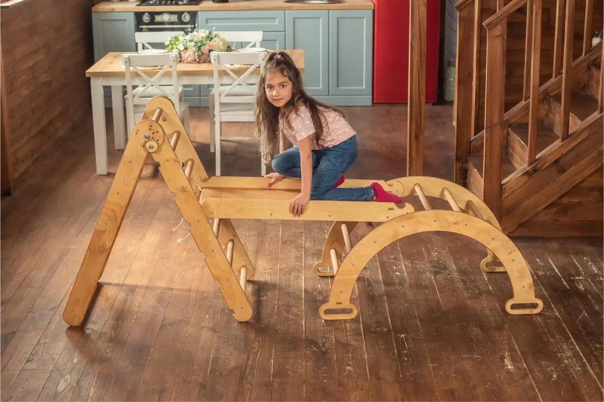 3in1 Montessori Climbing Set: Triangle Ladder + Wooden Arch + Slide Board – Beige - Goodevas