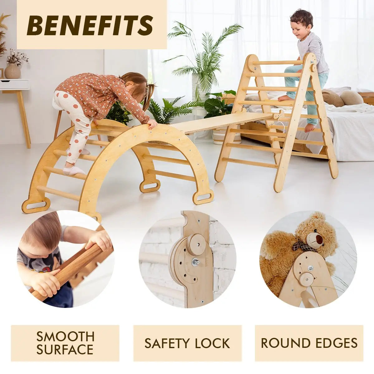 3in1 Montessori Climbing Set: Triangle Ladder + Wooden Arch + Slide Board – Beige NEW - Goodevas