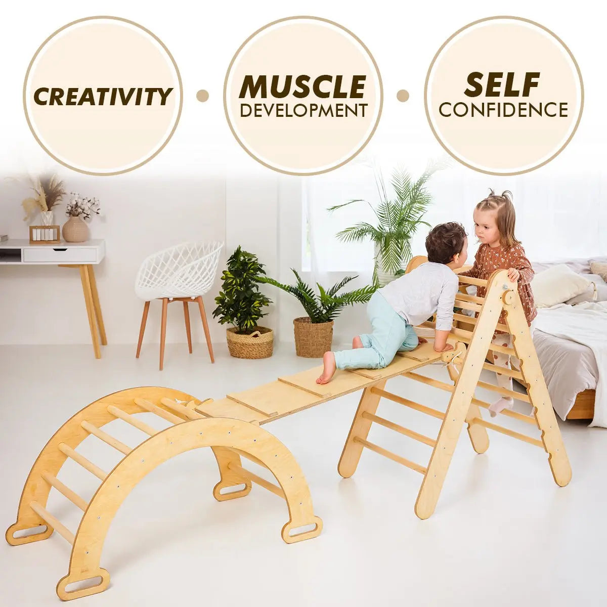 3in1 Montessori Climbing Set: Triangle Ladder + Wooden Arch + Slide Board – Beige NEW - Goodevas