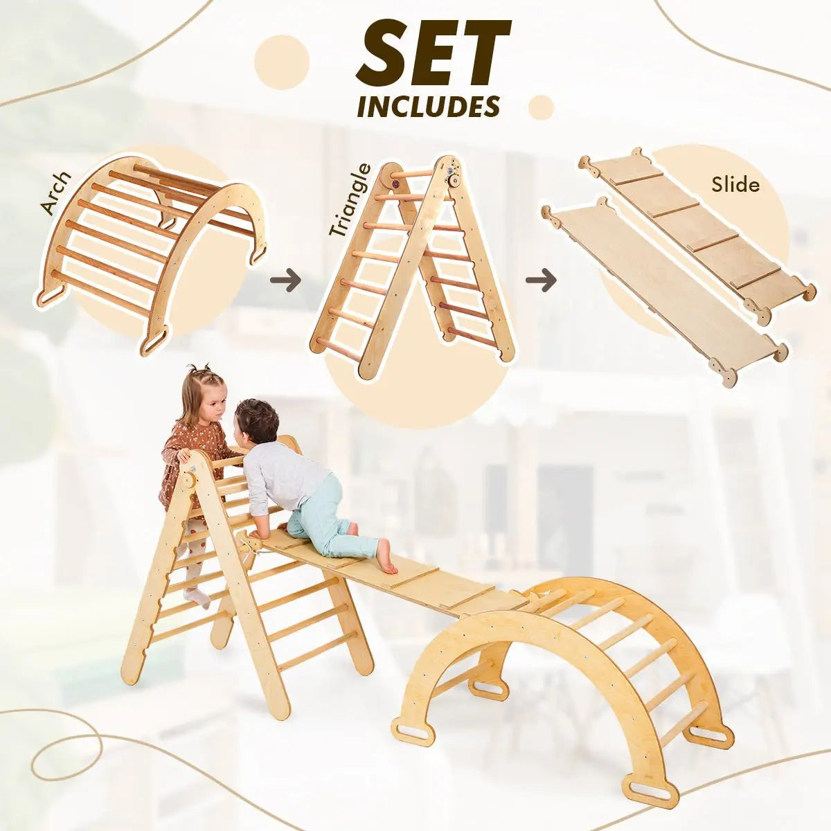 3in1 Montessori Climbing Set: Triangle Ladder + Wooden Arch + Slide Board – Beige NEW - Goodevas