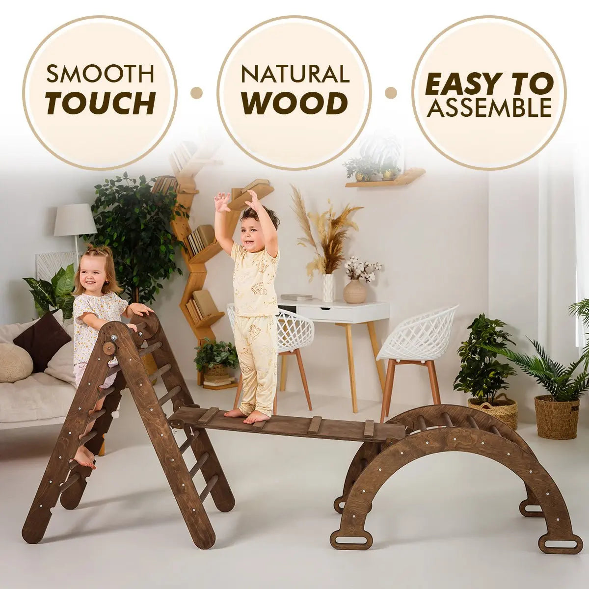 3in1 Montessori Climbing Set: Triangle Ladder + Wooden Arch + Slide Board – Chocolate NEW - Goodevas