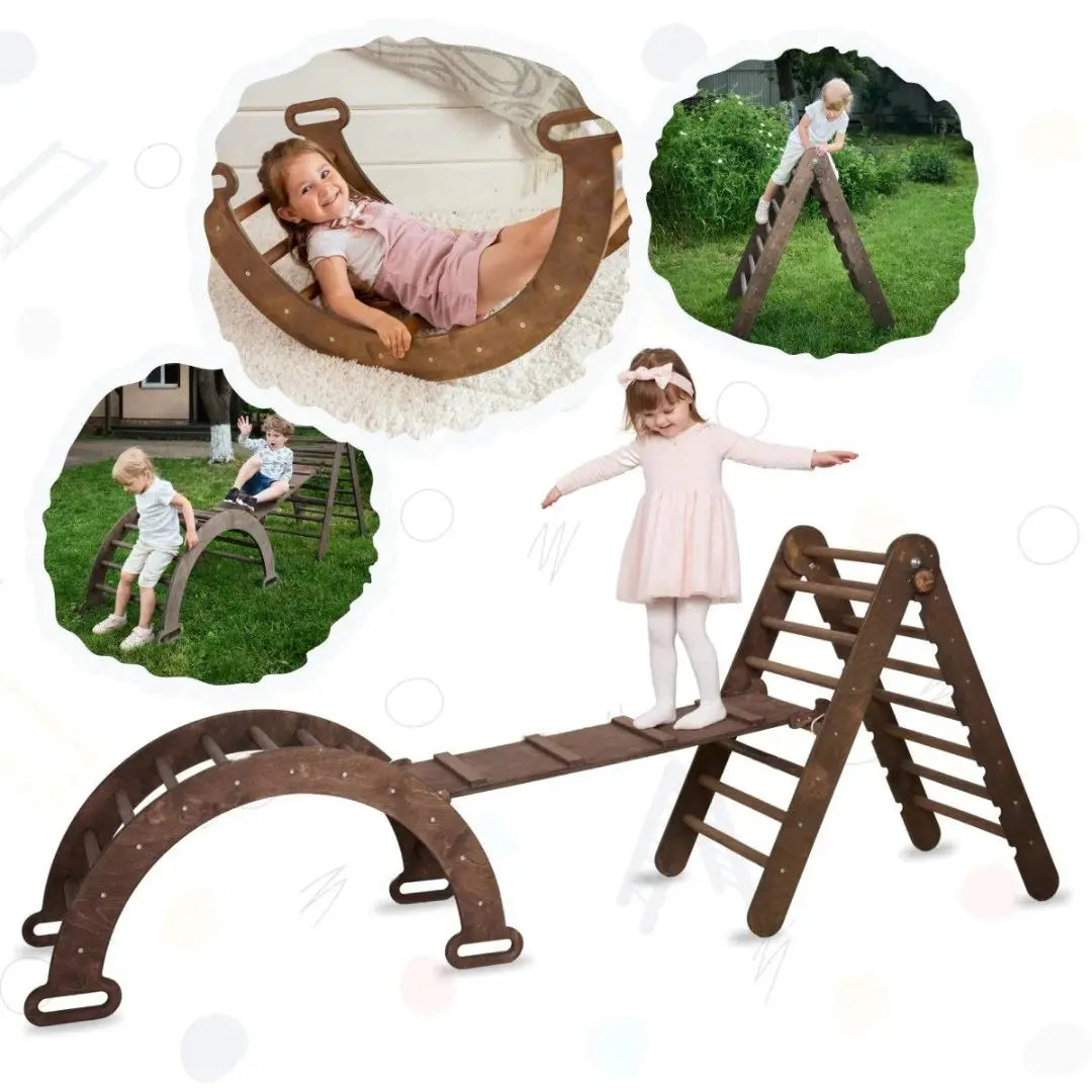 3in1 Montessori Climbing Set: Triangle Ladder + Wooden Arch + Slide Board – Chocolate NEW - Goodevas