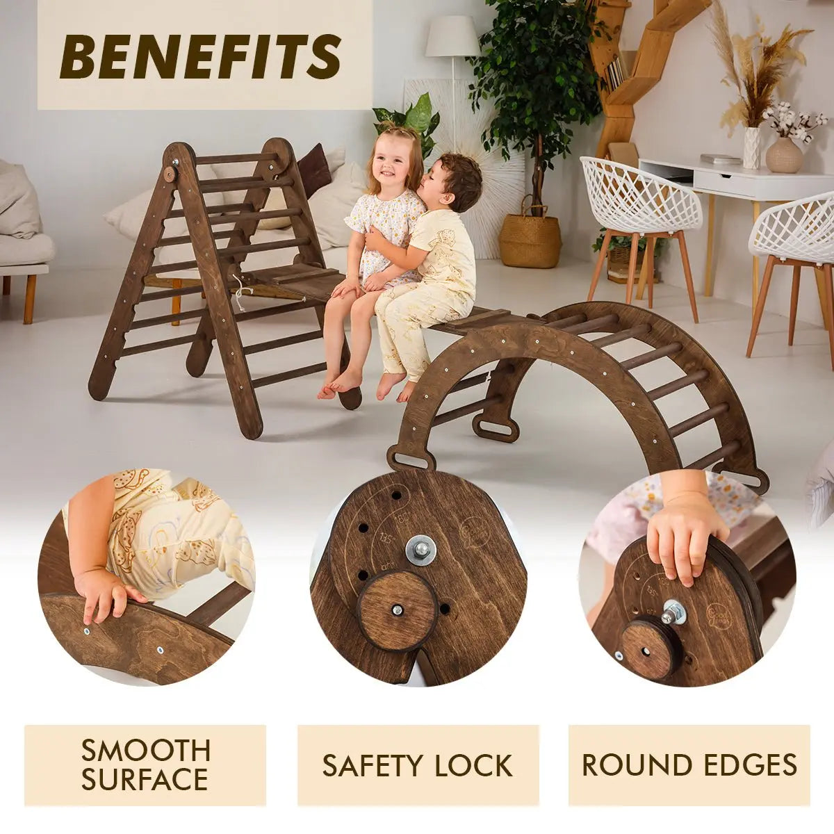 3in1 Montessori Climbing Set: Triangle Ladder + Wooden Arch + Slide Board – Chocolate NEW - Goodevas