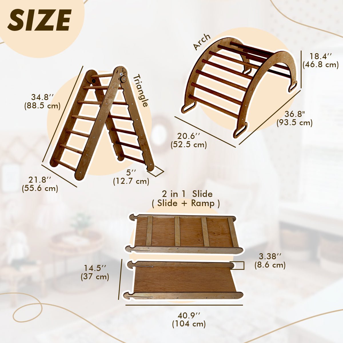 3in1 Montessori Climbing Set: Triangle Ladder + Wooden Arch + Slide Board – Chocolate NEW - Goodevas