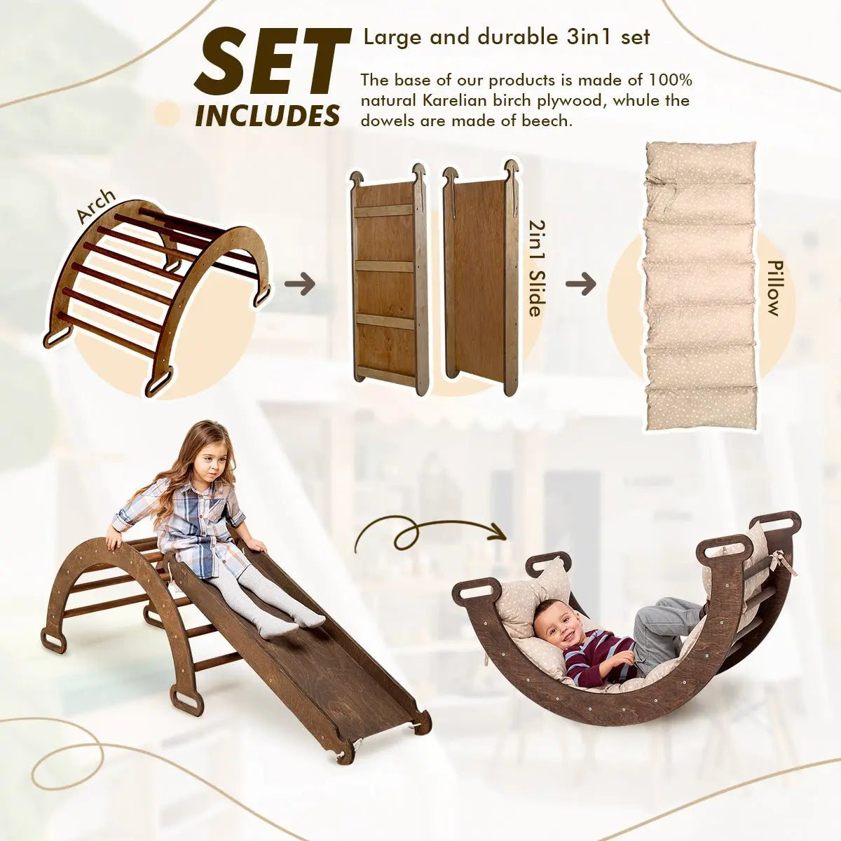 3in1 Montessori PlaySet for Toddlers: Arch + Slide + Cushion - Chocolate - Goodevas