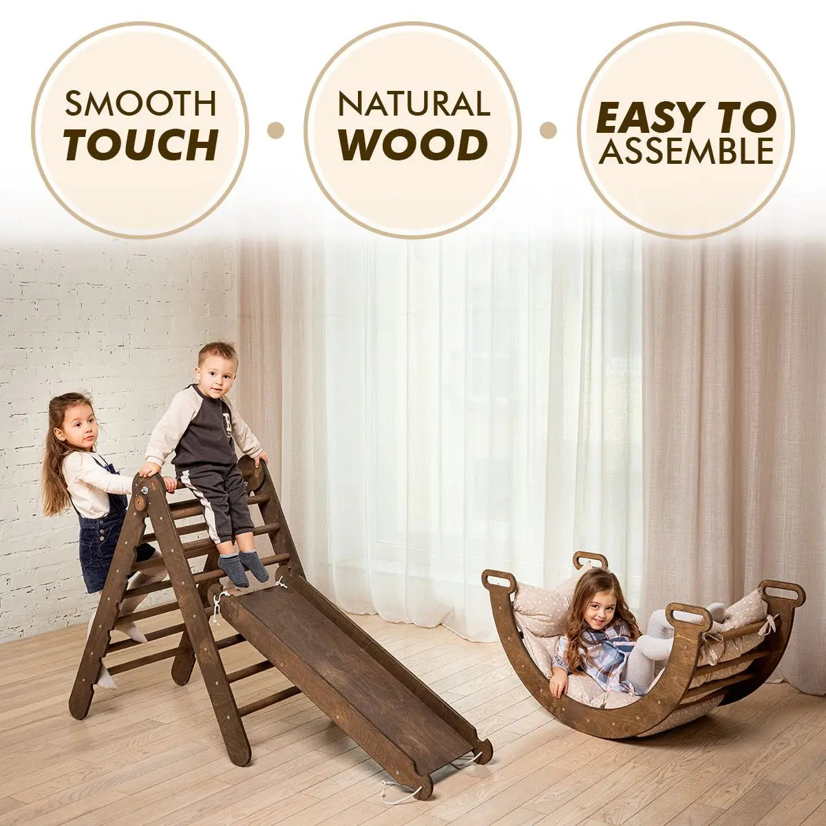 3in1 Montessori PlaySet for Toddlers: Arch + Slide + Cushion - Chocolate - Goodevas