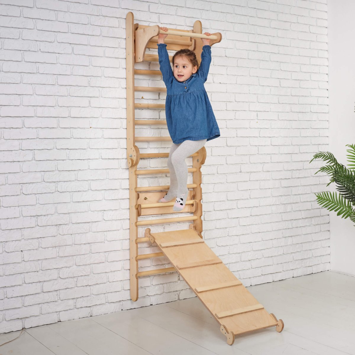 3in1 Wooden Swedish Wall / Climbing ladder for Children + Swing Set + Slide Board - Goodevas