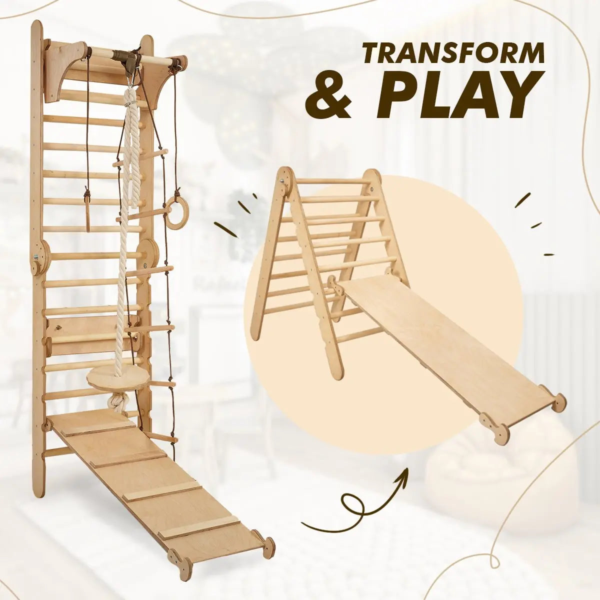 3in1 Wooden Swedish Wall / Climbing ladder for Children + Swing Set + Slide Board - Goodevas