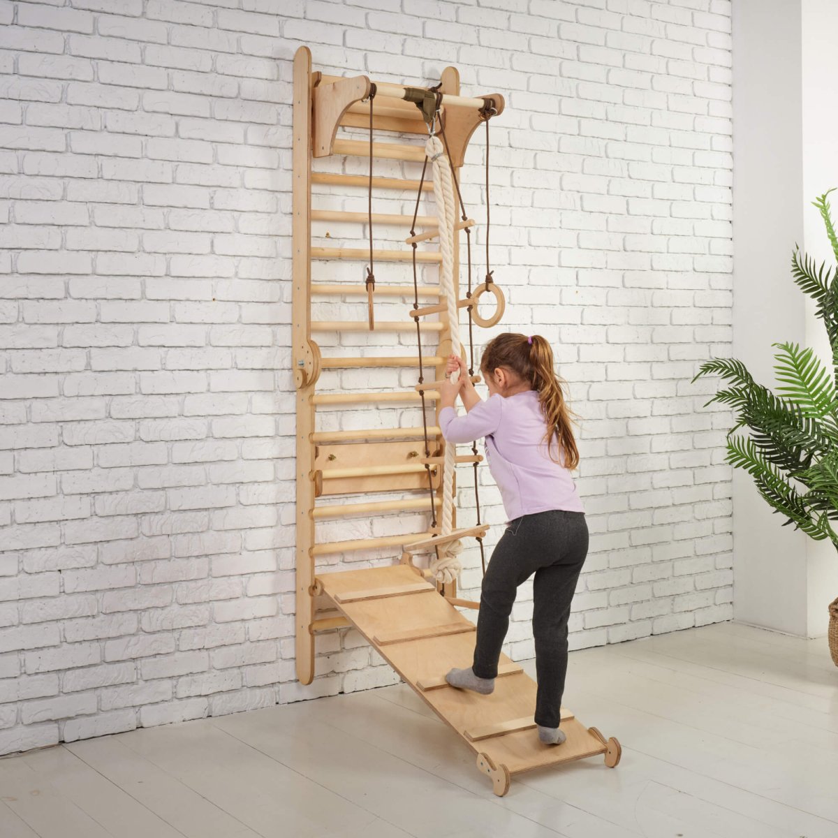 3in1 Wooden Swedish Wall / Climbing ladder for Children + Swing Set + Slide Board - Goodevas