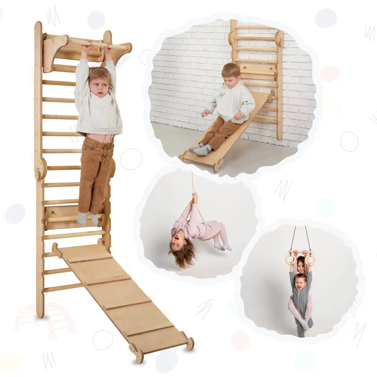 4in1 Climbing Set: Wooden Swedish Wall + Swing Set + Slide Board + Triangle Ladder - Goodevas