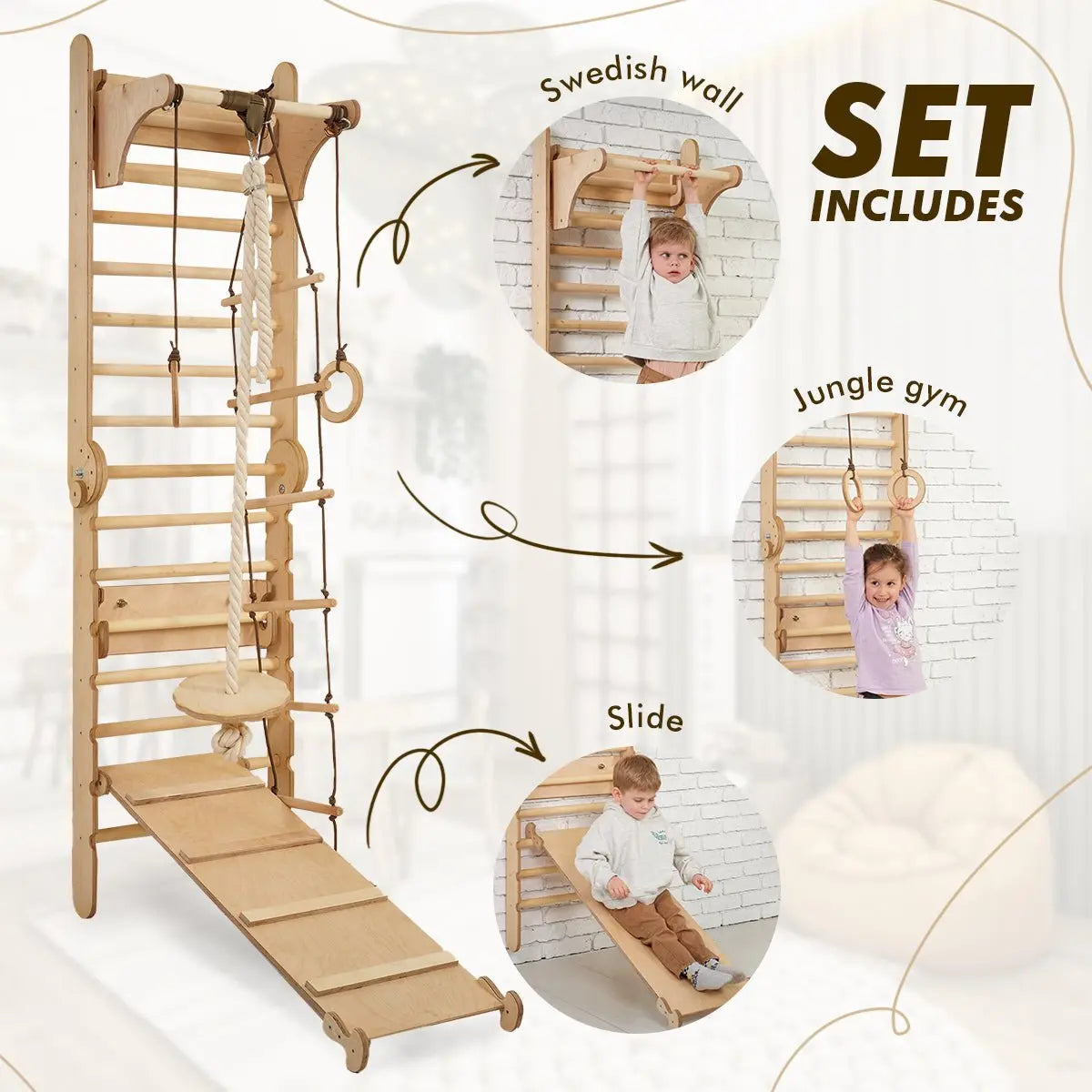 4in1 Climbing Set: Wooden Swedish Wall + Swing Set + Slide Board + Triangle Ladder - Goodevas