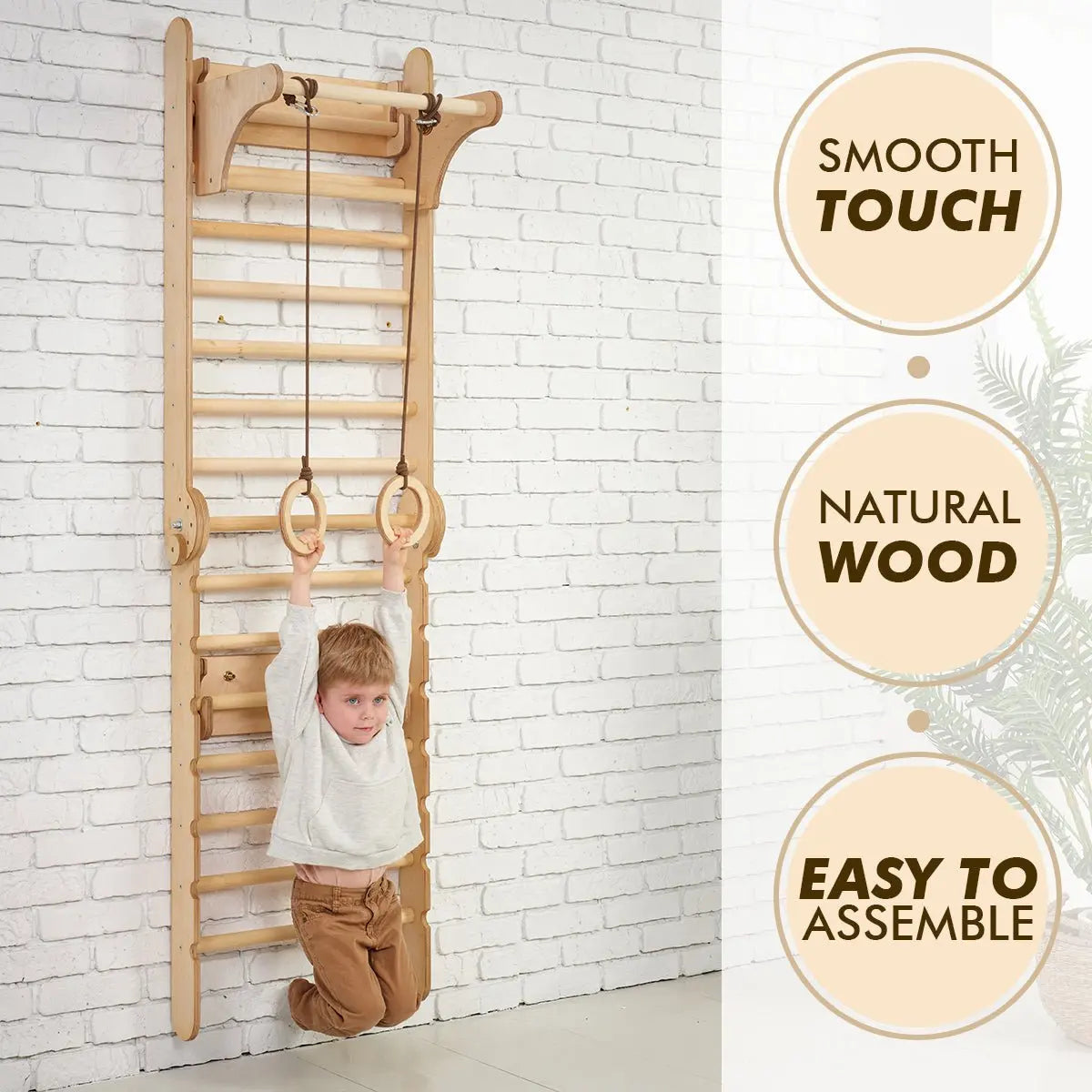 4in1 Climbing Set: Wooden Swedish Wall + Swing Set + Slide Board + Triangle Ladder - Goodevas