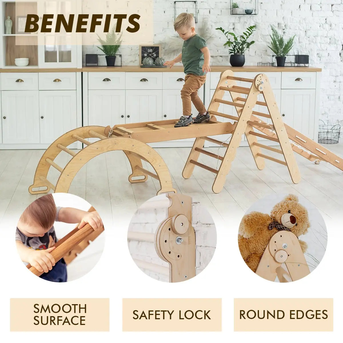 4in1 Montessori Climbing Frame Set: Triangle Ladder + Arch/Rocker + Slide Board/Ramp + Netting rope - Goodevas