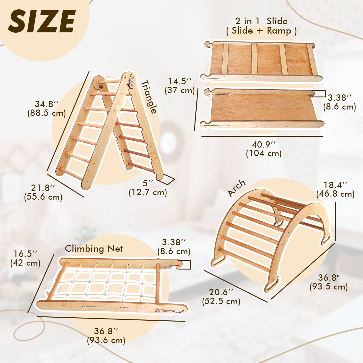 4in1 Montessori Climbing Frame Set: Triangle Ladder + Arch/Rocker + Slide Board/Ramp + Netting rope - Goodevas