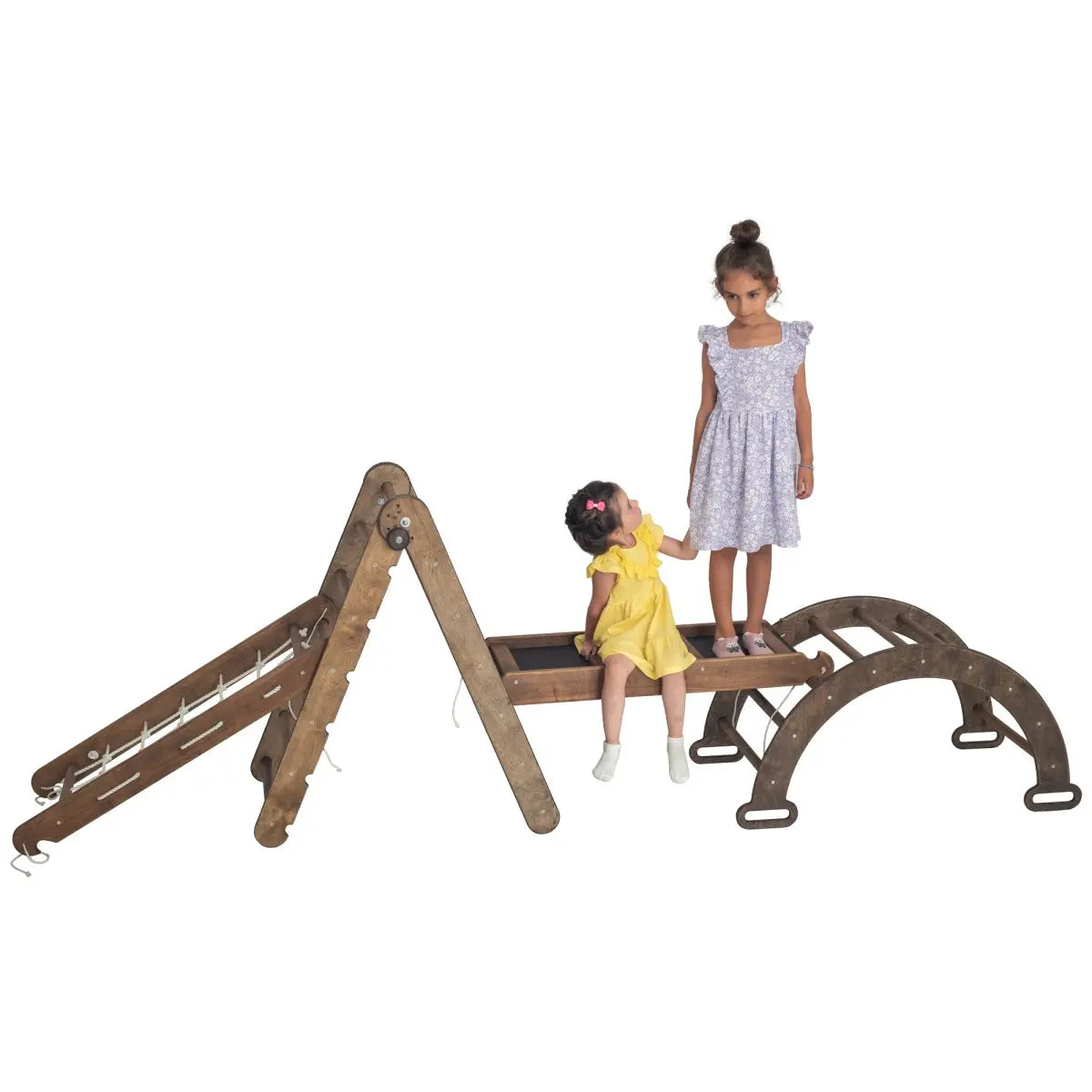 4in1 Montessori Climbing Set: Triangle Ladder + Arch/Rocker + Slide Board/Ramp + Climbing Net – Beige - Goodevas