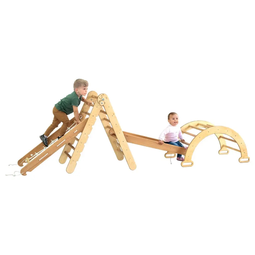 4in1 Montessori Climbing Set: Triangle Ladder + Arch/Rocker + Slide Board/Ramp + Climbing Net – Beige - Goodevas