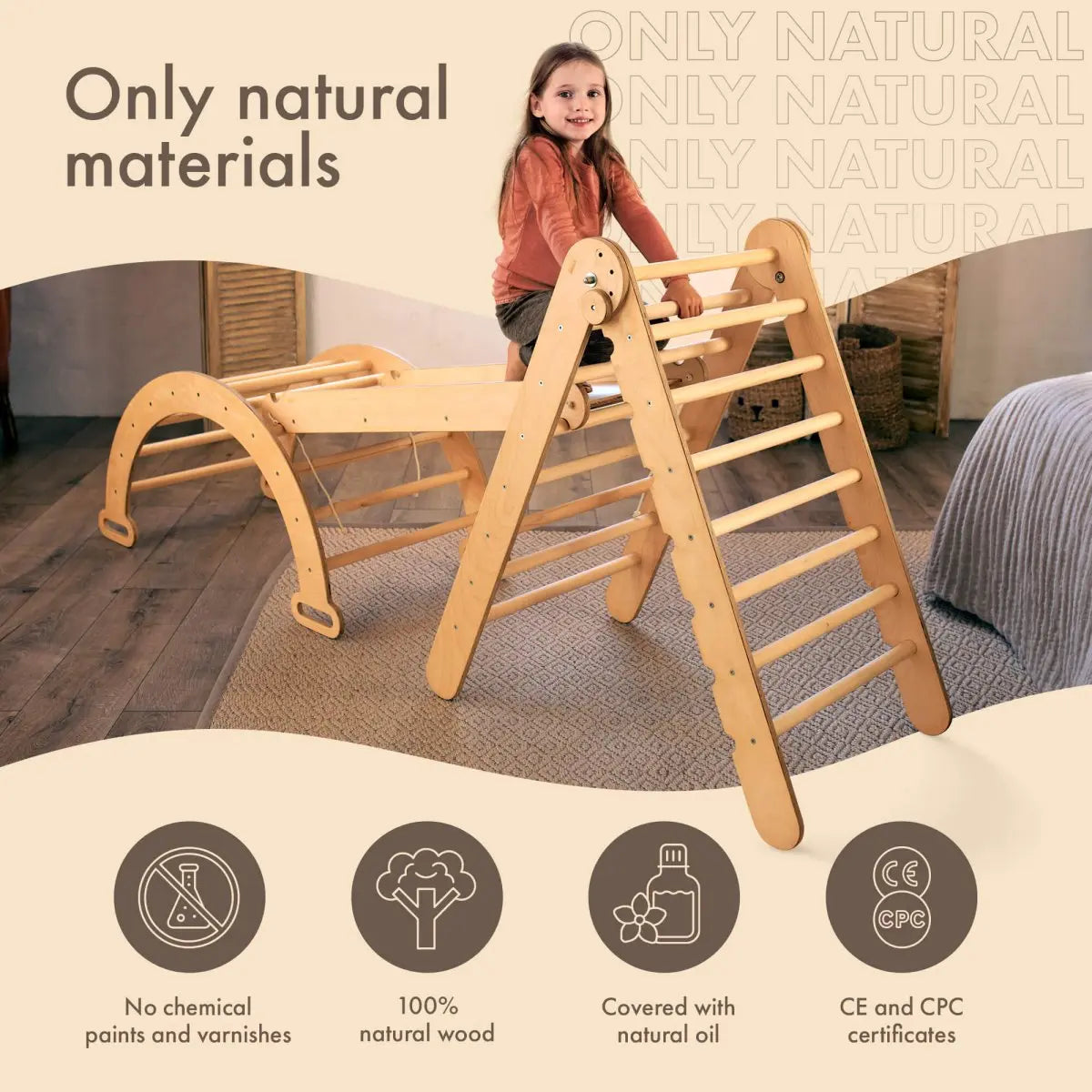 4in1 Montessori Climbing Set: Triangle Ladder + Arch/Rocker + Slide Board/Ramp + Climbing Net – Beige - Goodevas