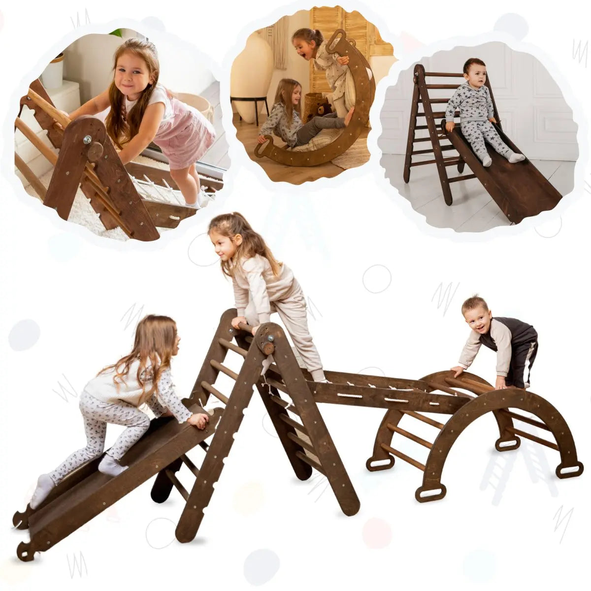 4in1 Montessori Climbing Set: Triangle Ladder + Arch/Rocker + Slide Board/Ramp + Net – Chocolate - Goodevas