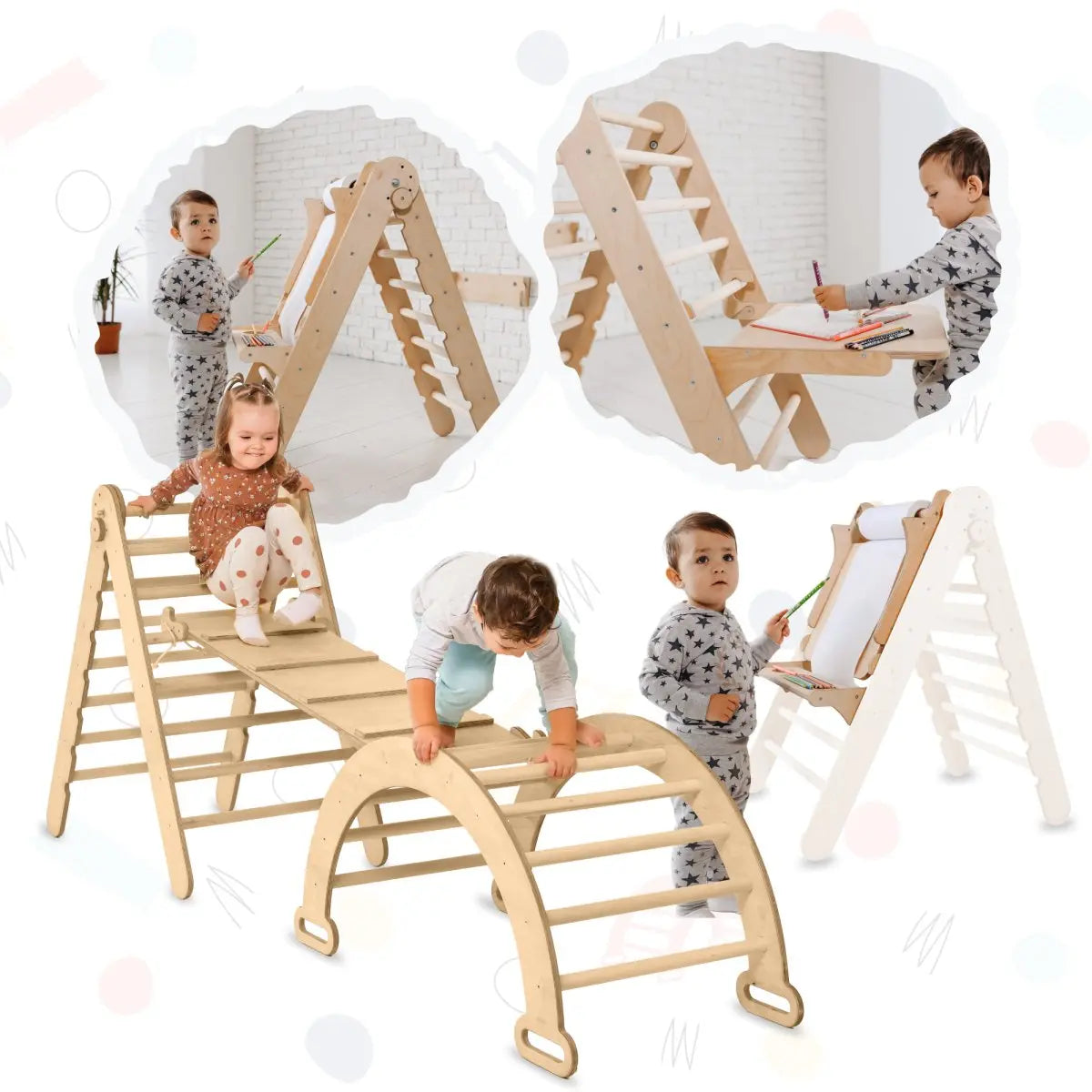 4in1 Montessori Climbing Set: Triangle Ladder + Climbing Arch + Slide Board + Art Addition - Goodevas