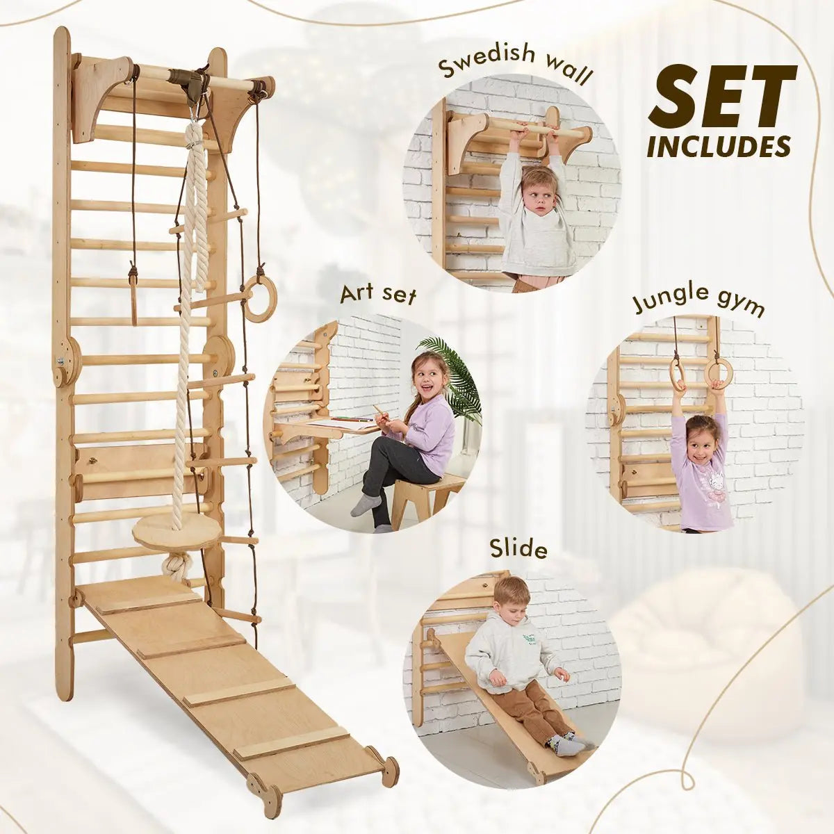 4in1 Wooden Swedish Wall / Climbing ladder for Children + Swing Set + Slide Board + Art Add-on - Goodevas