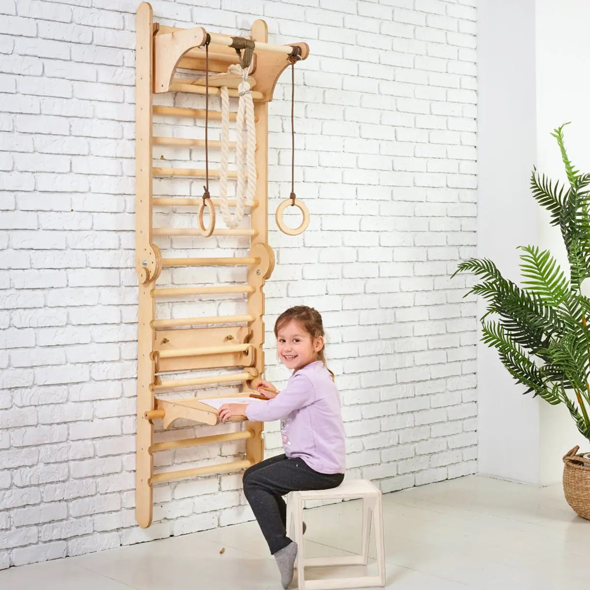 4in1 Wooden Swedish Wall / Climbing ladder for Children + Swing Set + Slide Board + Art Add-on - Goodevas