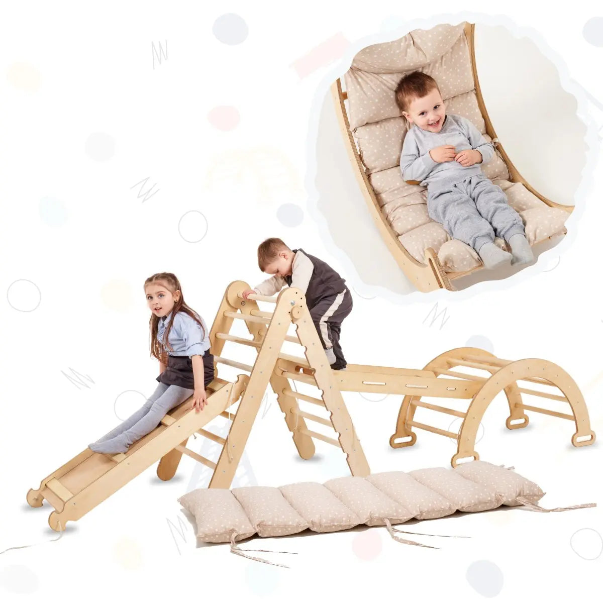 5in1 Montessori Climbing Frame Set: Triangle Ladder + Arch/Rocker + Slide Board/Ramp + Netting rope + Cushion - Goodevas