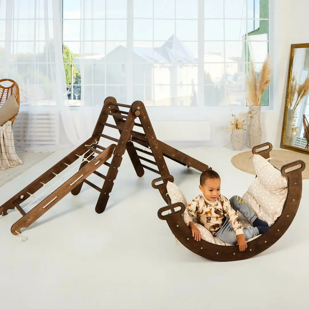 5in1 Montessori Climbing Set: Triangle Ladder + Arch/Rocker + Slide Board/Ramp + Net + Cushion – Chocolate - Goodevas