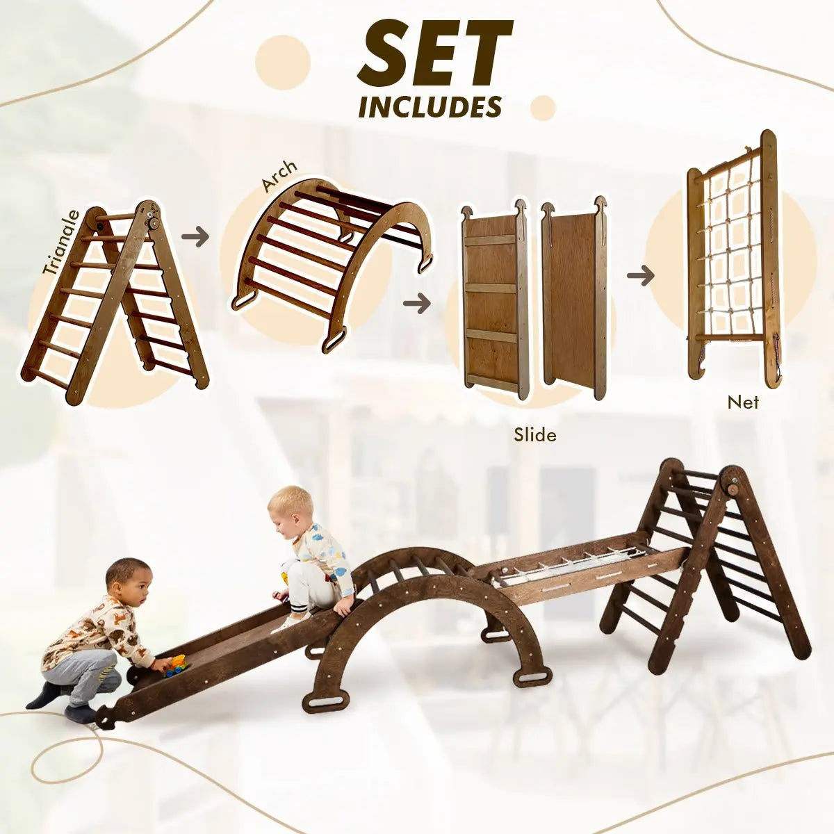 5in1 Montessori Climbing Set: Triangle Ladder + Arch/Rocker + Slide Board/Ramp + Net + Cushion – Chocolate - Goodevas