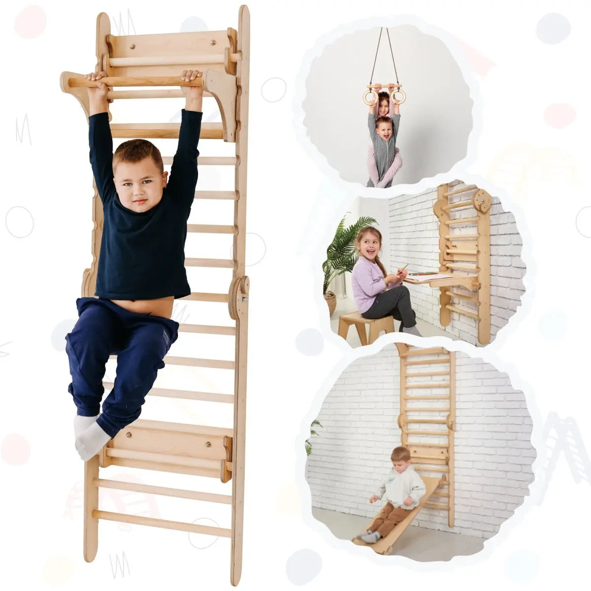 5in1: Wooden Swedish Wall / Climbing ladder for Children + Swing Set + Slide Board + Art Add-on - Goodevas