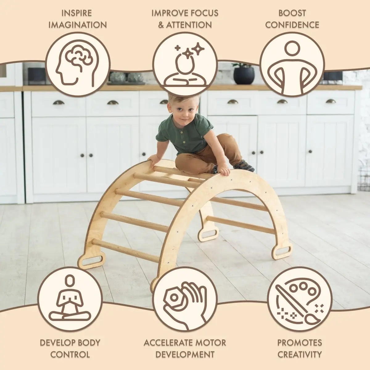 Climbing Arch & Rocker Balance - Montessori Climbers for Kids 1-7 y.o. – Beige - Goodevas