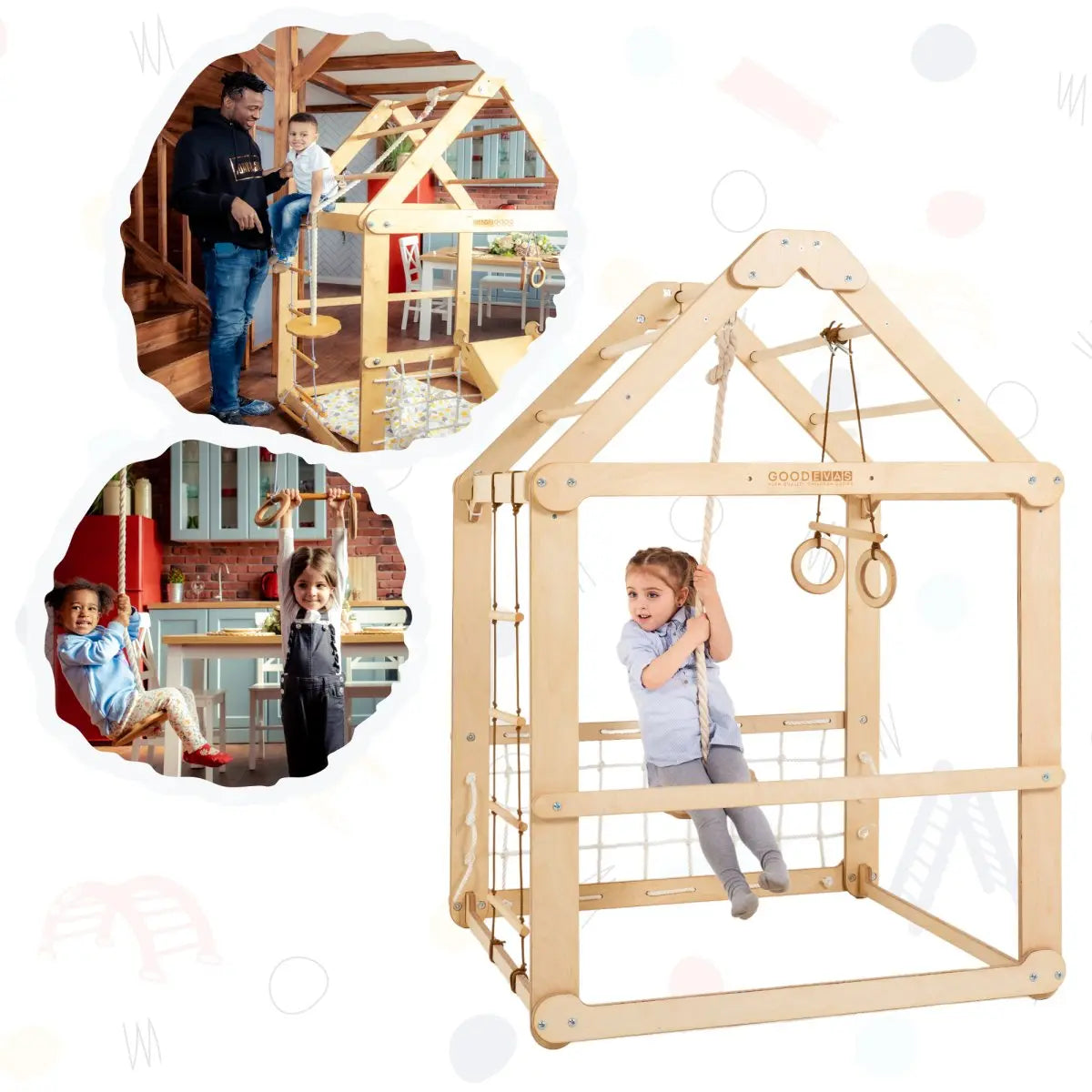 Indoor Wooden Playhouse with Swings - Goodevas