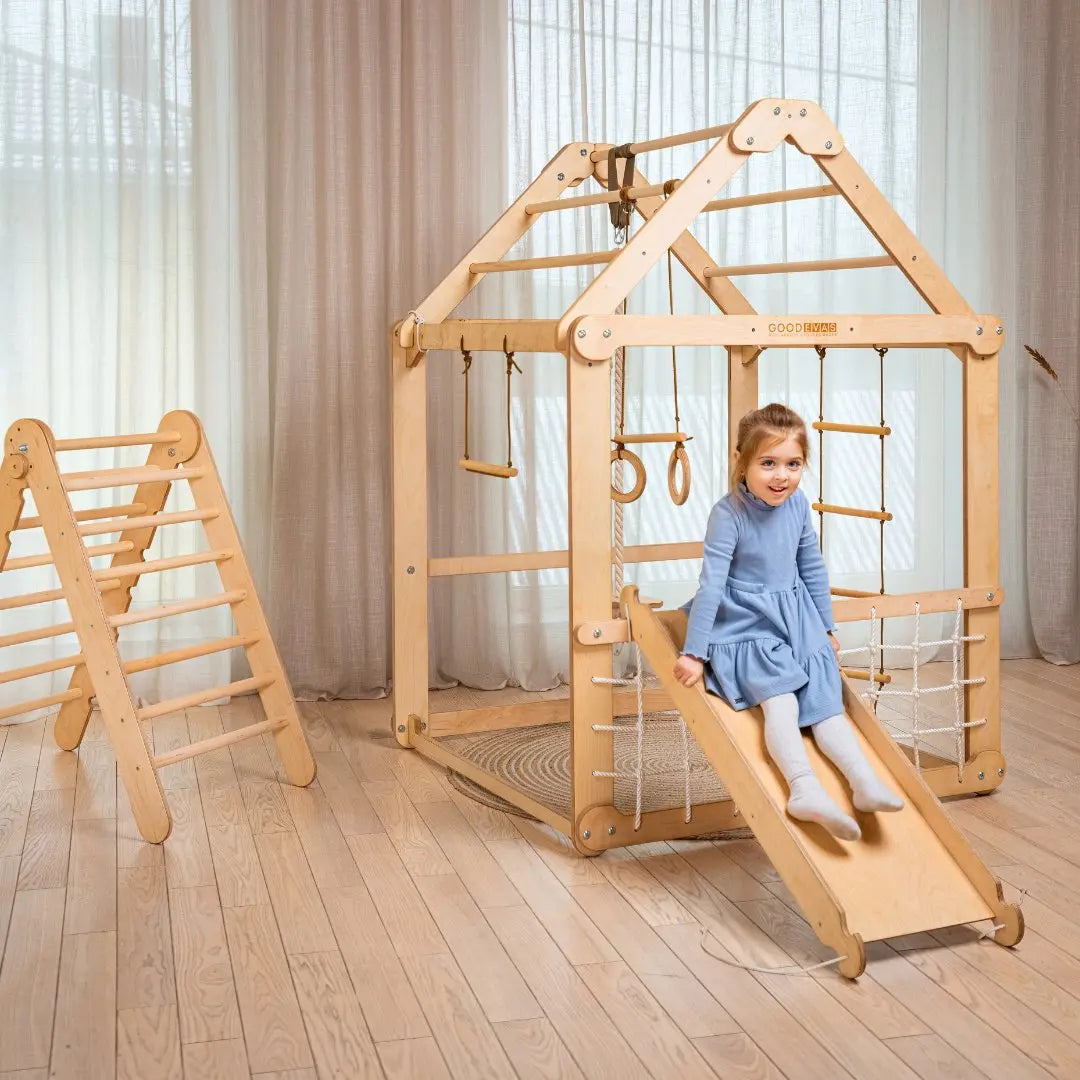 Indoor Wooden Playhouse with Triangle ladder, Slide Board and Swings - Goodevas