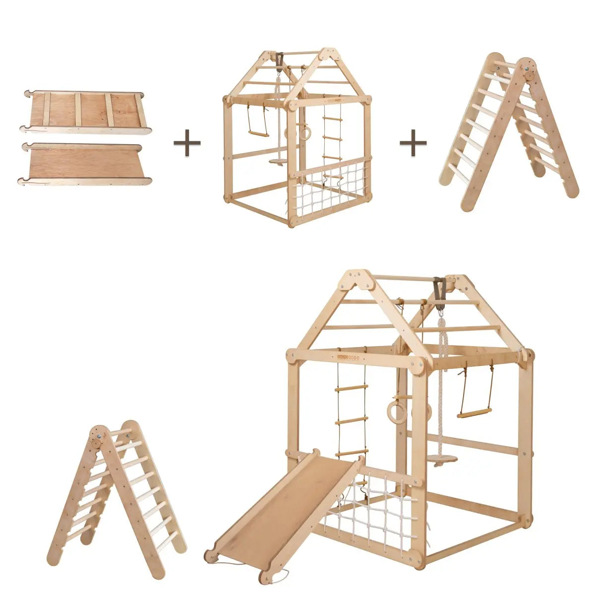 Indoor Wooden Playhouse with Triangle ladder, Slide Board and Swings - Goodevas