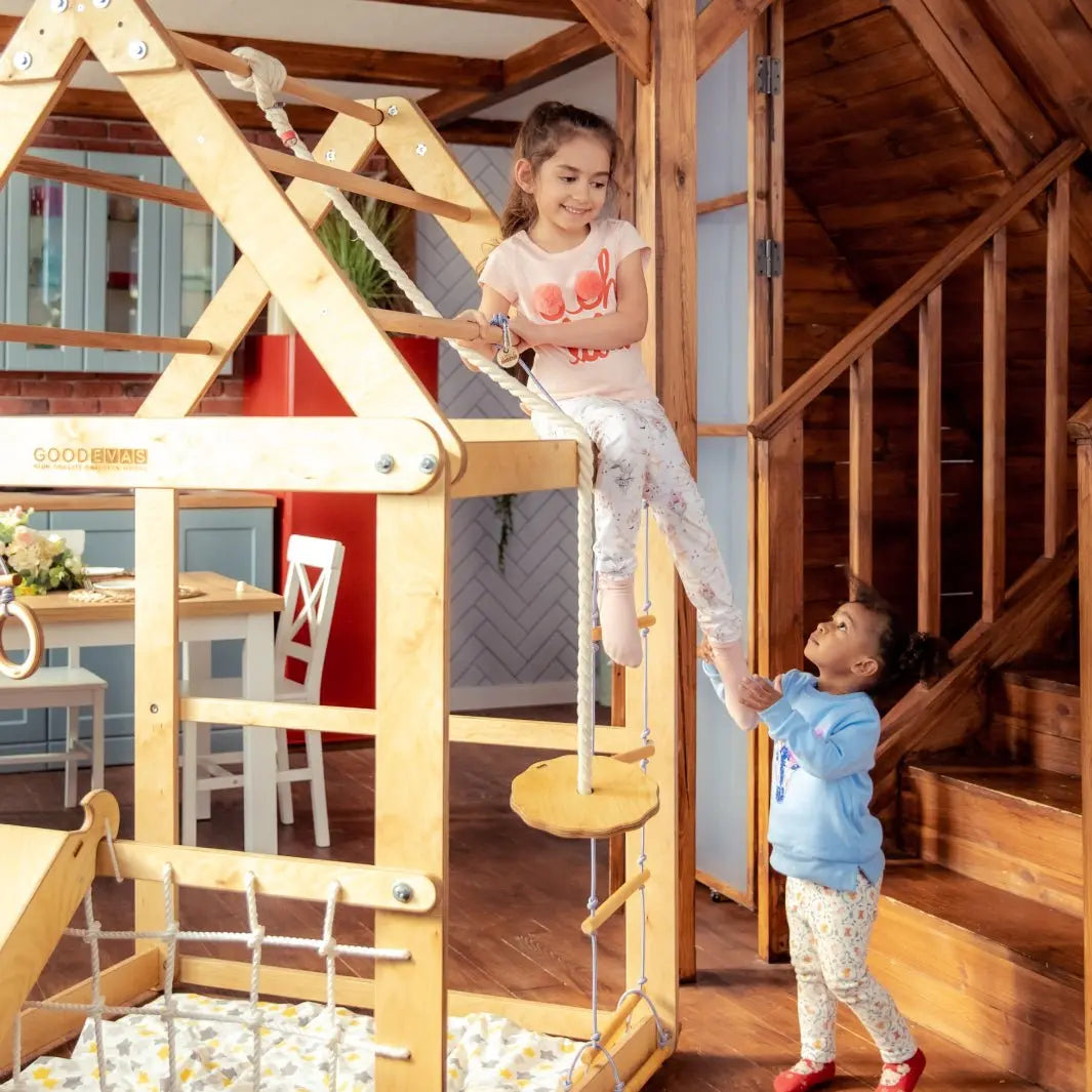 Indoor Wooden Playhouse with Triangle ladder, Slide Board and Swings - Goodevas