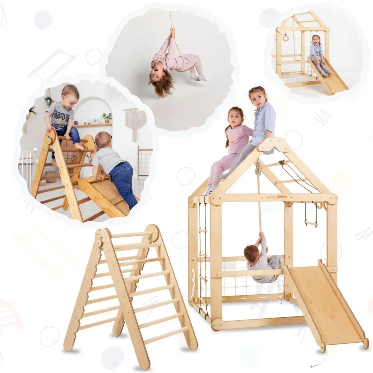 Indoor Wooden Playhouse with Triangle ladder, Slide Board and Swings - Goodevas