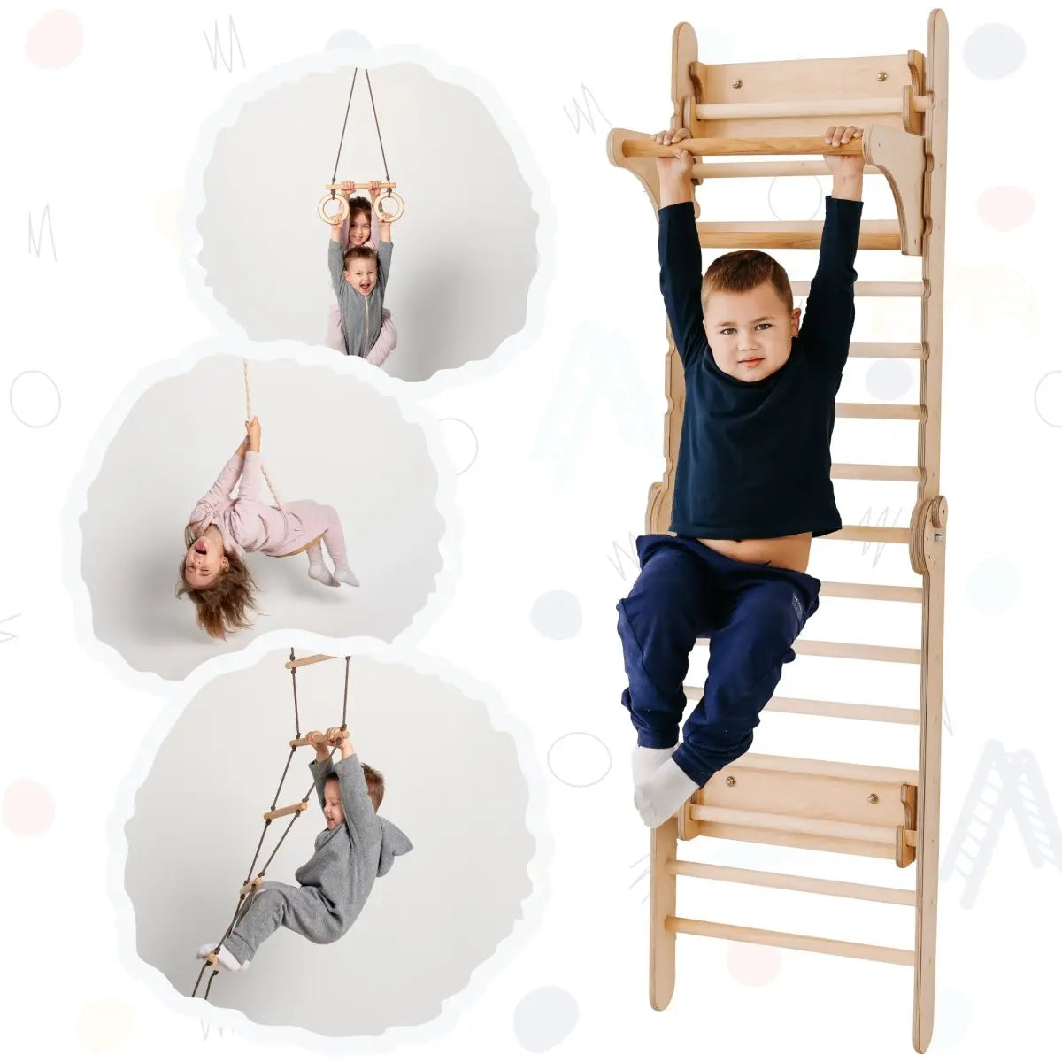 Wooden Swedish Wall / Climbing ladder for Children + Swing Set - Goodevas